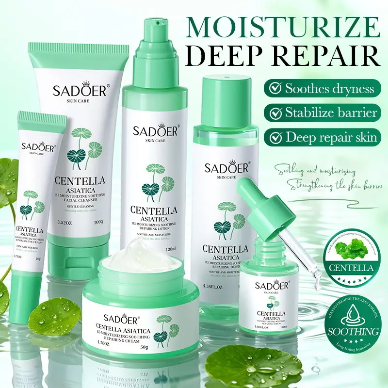 Centella Asiatica B5 6-in-1 Skincare Set - Cleanser, Toner, Lotion, Serum, Cream & Eye Cream, Hydrating & Barrier Repair Kit, Moisturizing Revitalizing Hydration Care Set