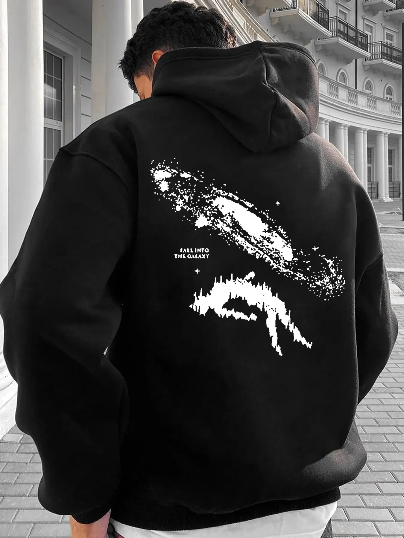 Men's American Street Style Galaxy Hoodie, Back Print Long Sleeve Asymmetrical Design, Fall Winter Loose Fit Sweatshirt