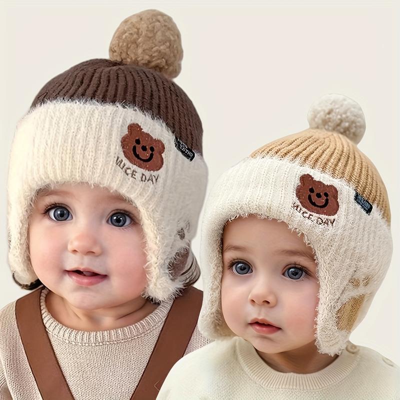 Winter Baby Bean Hat with Bear Ears and Pom-Pom for 1-3 Years Old Kids – Soft Plush Lining, Cute Face Cut, Fluffy Ears, Warm Wool Lining for Neck and Head Protection