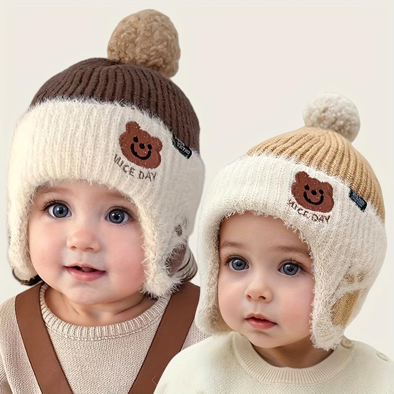Winter Baby Bean Hat with Bear Ears and Pom-Pom for 1-3 Years Old Kids – Soft Plush Lining, Cute Face Cut, Fluffy Ears, Warm Wool Lining for Neck and Head Protection