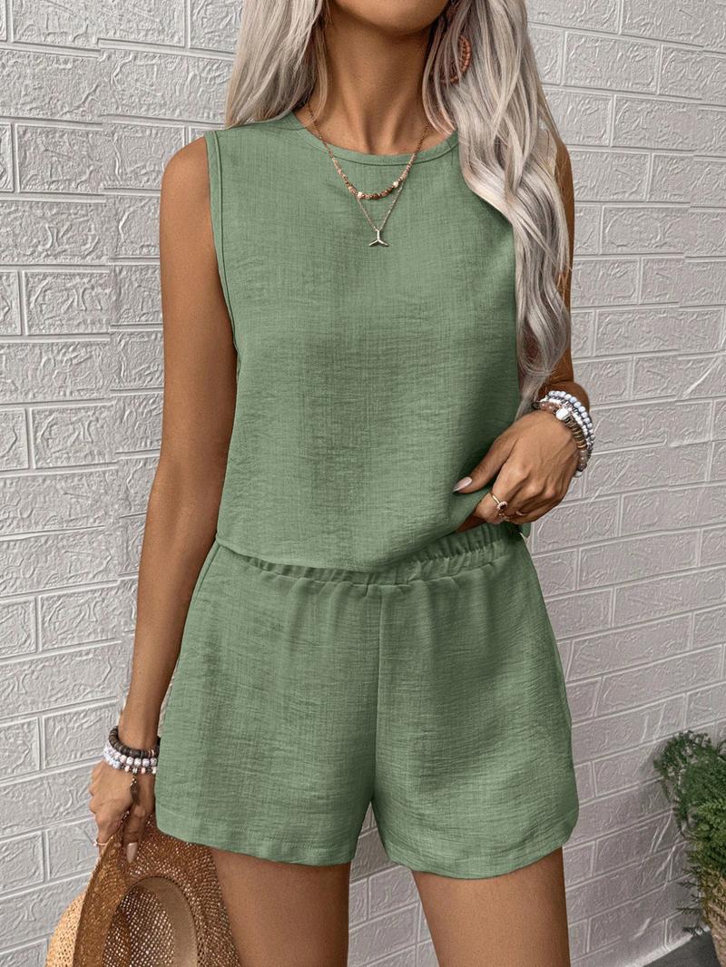 Women's Solid Color Crew Neck Tank & Shorts Two-Piece Set, Casual Short Sleeve Top & Shorts, Summer Clothes for Ladies Outdoor, Matching Clothing Set Women