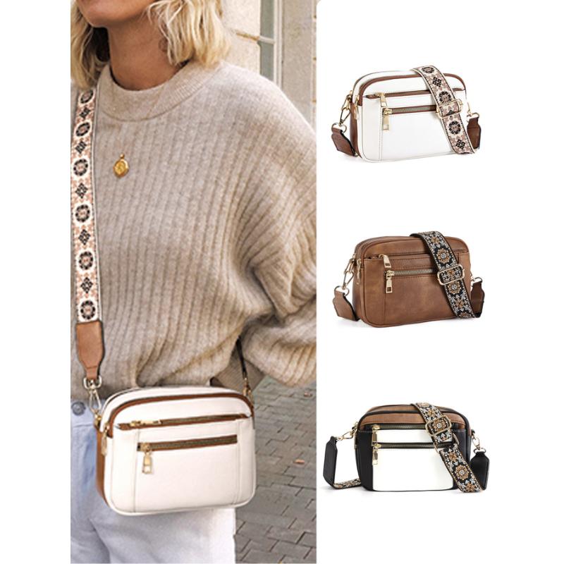 Color Block Multifunctional Zipper Crossbody Bag Square PU Shoulder Wallet Adjustable Strap