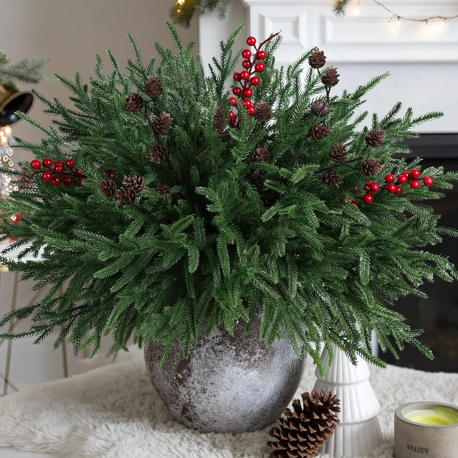 Artificial Norfolk Pine Branches with Pinecones and Berries for Christmas Holiday Decor, Real Touch Evergreen Plant for Vases and Winter Table Settings