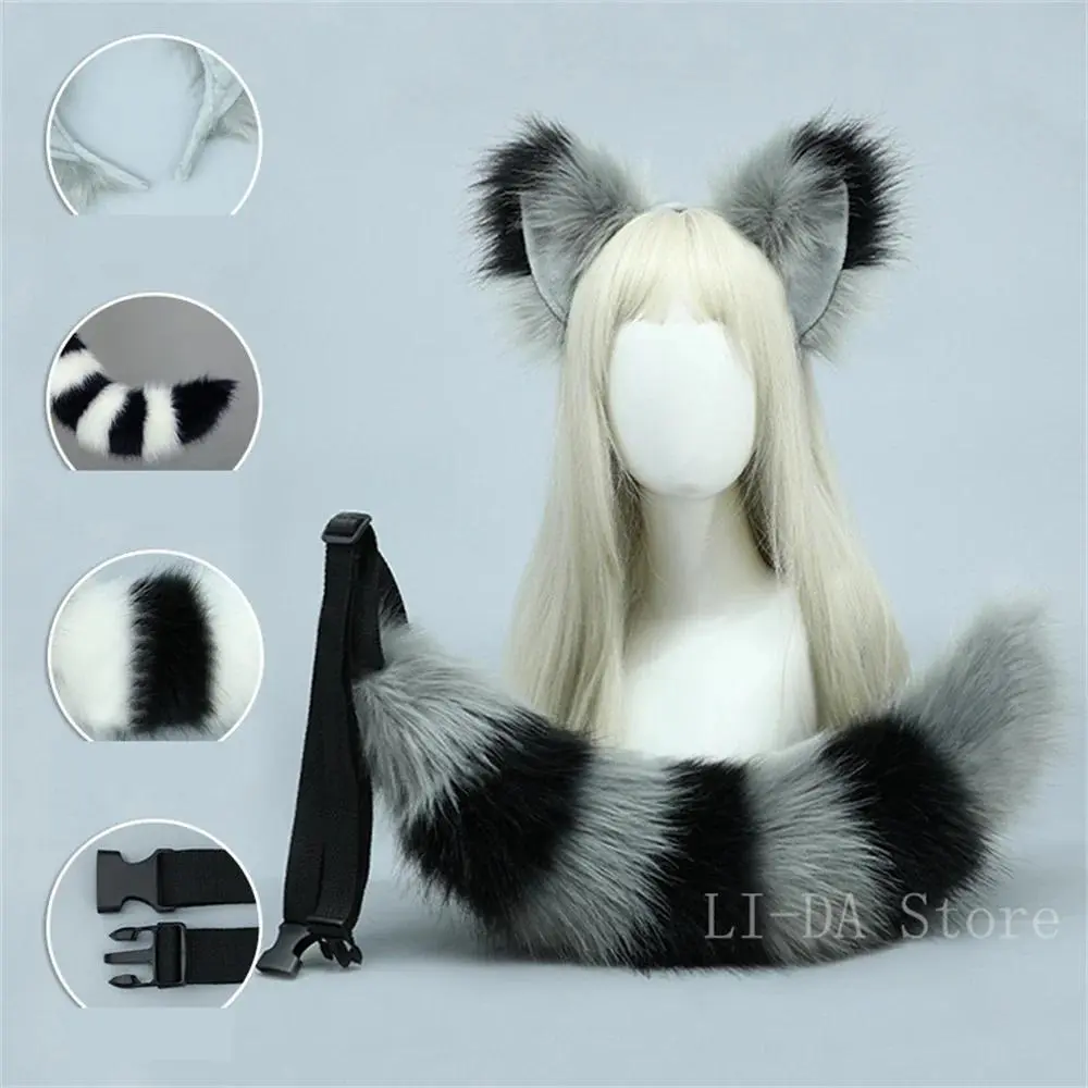 2Pcs/set Fluffy Animal Raccoon Cat Tail Faux Fur Plush Fox Ears Headband Cosplay Halloween Costume Accessories