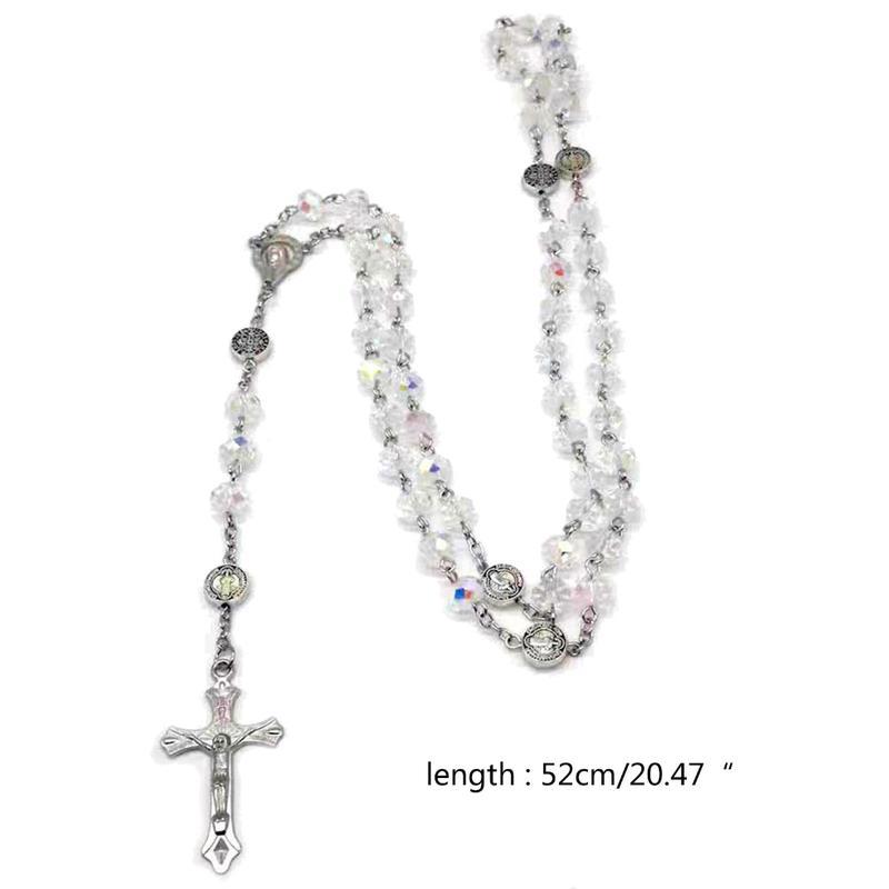 Colorful Crystal Beads Rosary Necklaces Cross Pendant Catholic Religious Necklaces for Men Women Jewelry Gift Long Chain