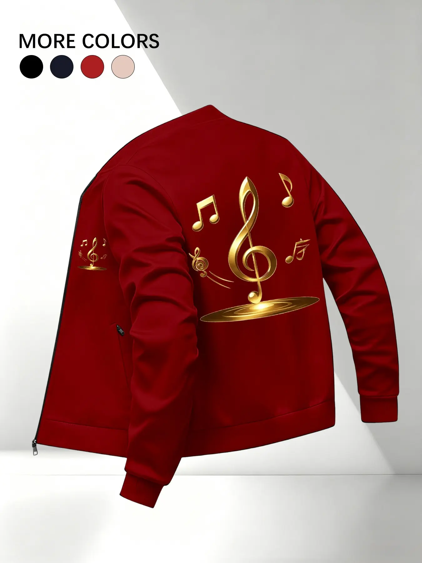 Men's Baseball Neck Zipper Jacket, American Music Style, Musical Notes Print, Side Zip Pockets, Smooth Fabric, Casual Wear, Casual Loose Jacket