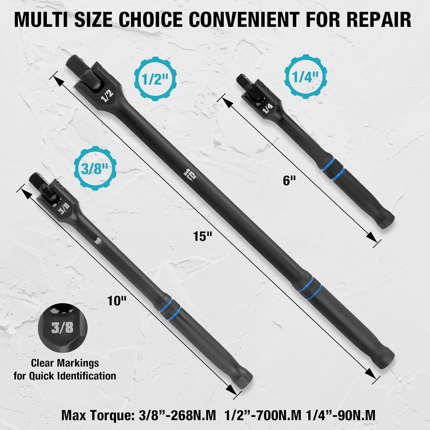 3 count Breaker Bar Set, 1/4", 3/8", 1/2" Drive, 180?Rotatable , 6", 10", 15" Length, Premium Chrome Alloy Made, Black