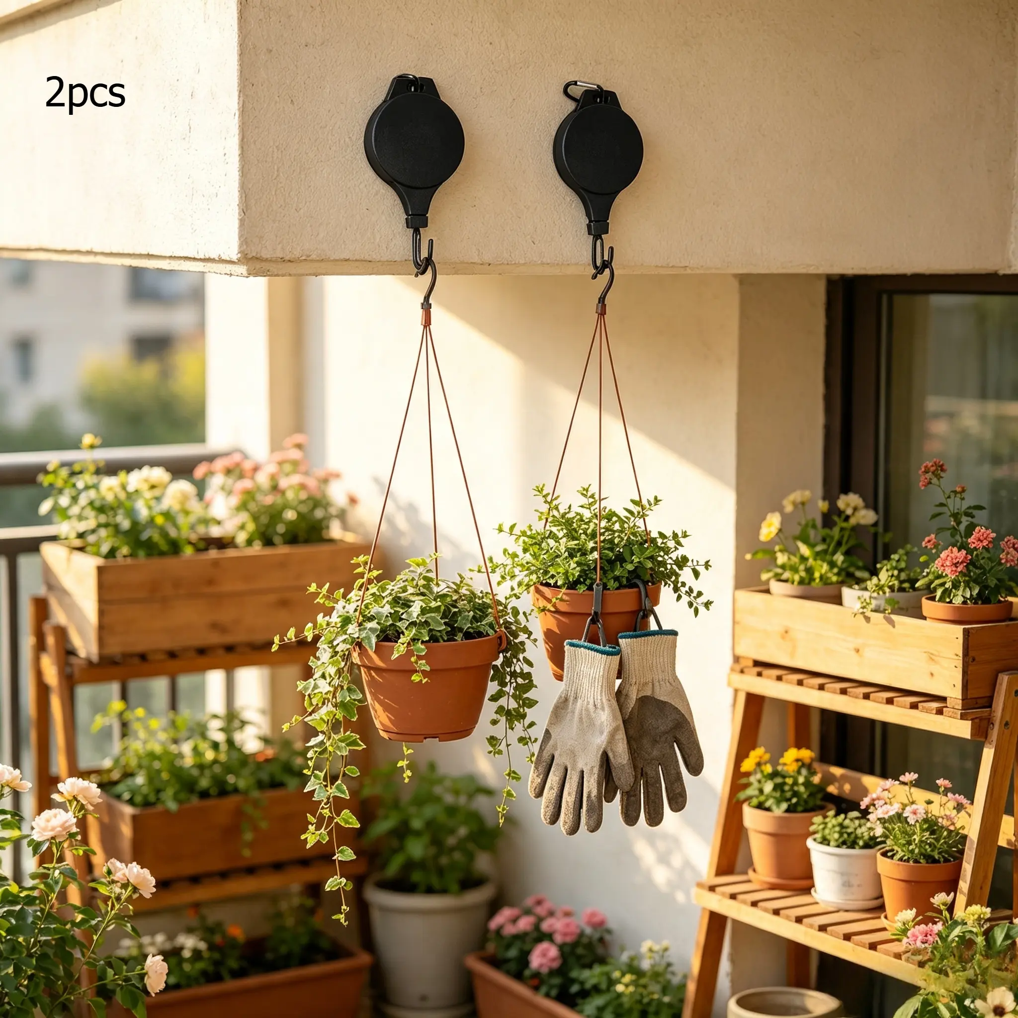 Retractable Plant Hanger with Pulley – Sturdy Hooks for Hanging Baskets, Bird Feeders & Indoor/Outdoor Plants