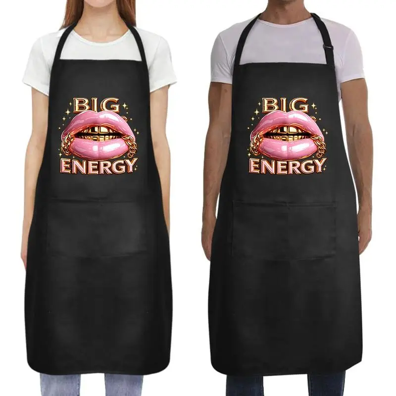 Big Energy Lips Custom Gold Grill Graphic Waterproof Apron For Men Woman Adjustable Pocket Multi-Purpose Apron for BBQ Cooking Painting Floral Arrangement Housework