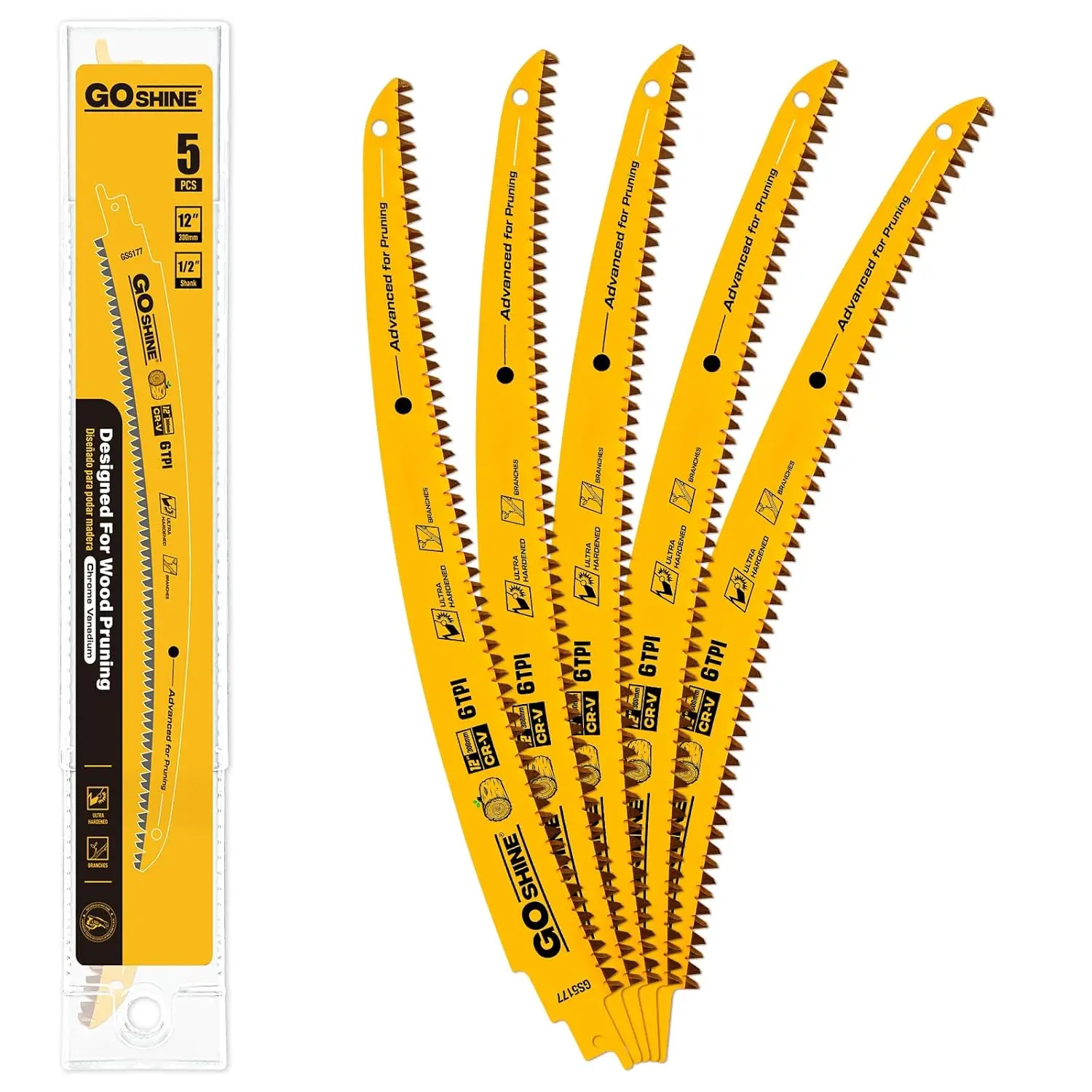 5 Pack,12 Inch Wood Pruning Reciprocating Saw Blades,6TPI Arc Pruning Blades for Reciprocating Saw, Japanese Teeth Sawzall Blades for Fast Tree Trimming & Wood Cutting,with Box