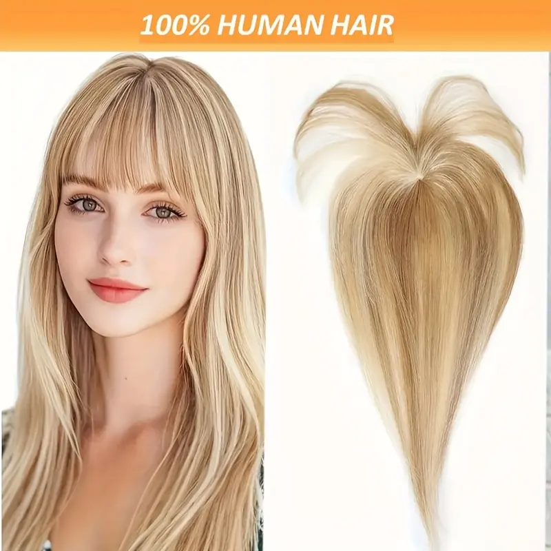 T-Shaped Straight Human Hair Featuring a Blend of Golden Brown And Bleached Blonde Highlights, # 12P613, Machine-Made Toppers, Made from  Human Hair with Bangs, Ideal for Everyday Use, Lightweight And Breathable Hair Extension Pieces.