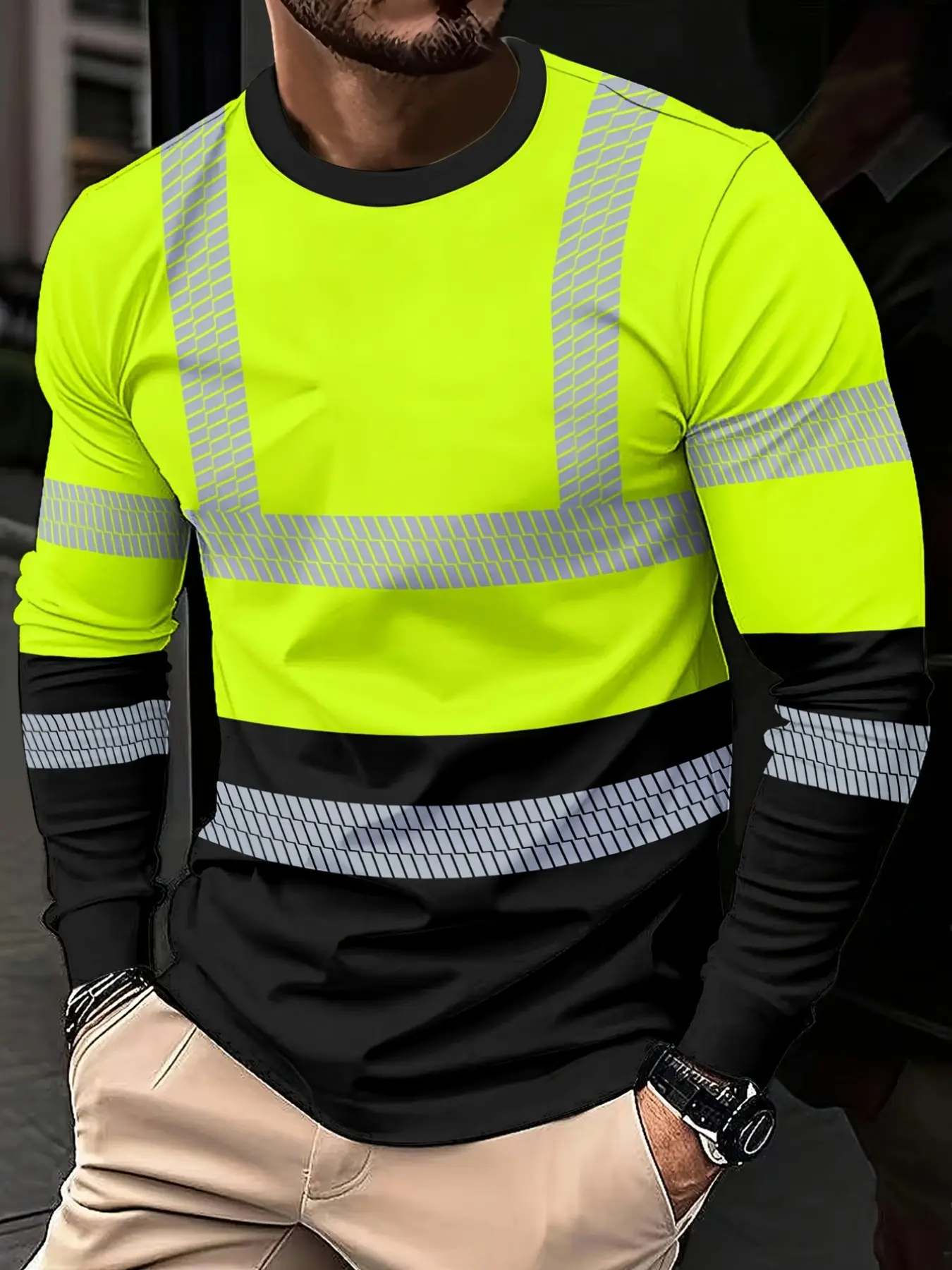 Men's Long Sleeve T-Shirt, Neck and Hem, Upper Body, Grid Lines, Round Neck, Trendy Outerwear, Non-Reflective, Non-Glowing