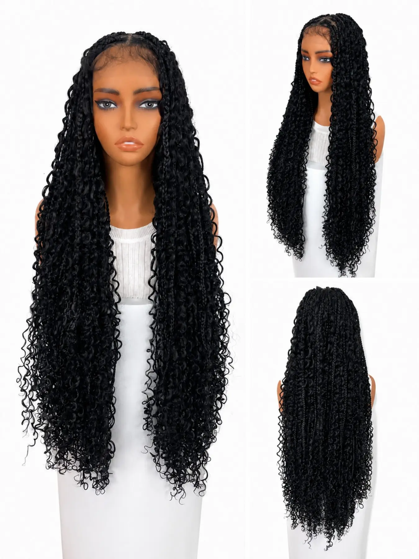 34 Inch Boho Braids Wig for Women, Long Curly Bohemian Braided Wig, Double Layer Lace Cap, Hand Braided Synthetic Hair, Full Lace