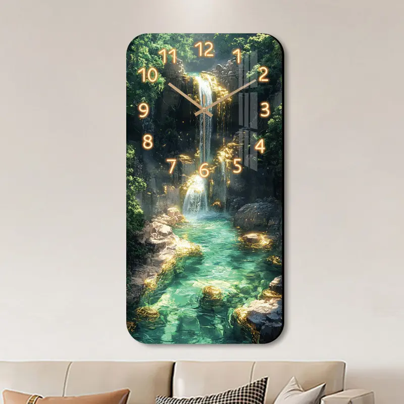 1 piece, acrylic porcelain wall clock, fantasy theme - designed with a forest waterfall pattern, rectangular silent clock, powered by Japanese quartz movement, suitable for living room, bedroom, kitchen, office decoration, modern home decor, an id