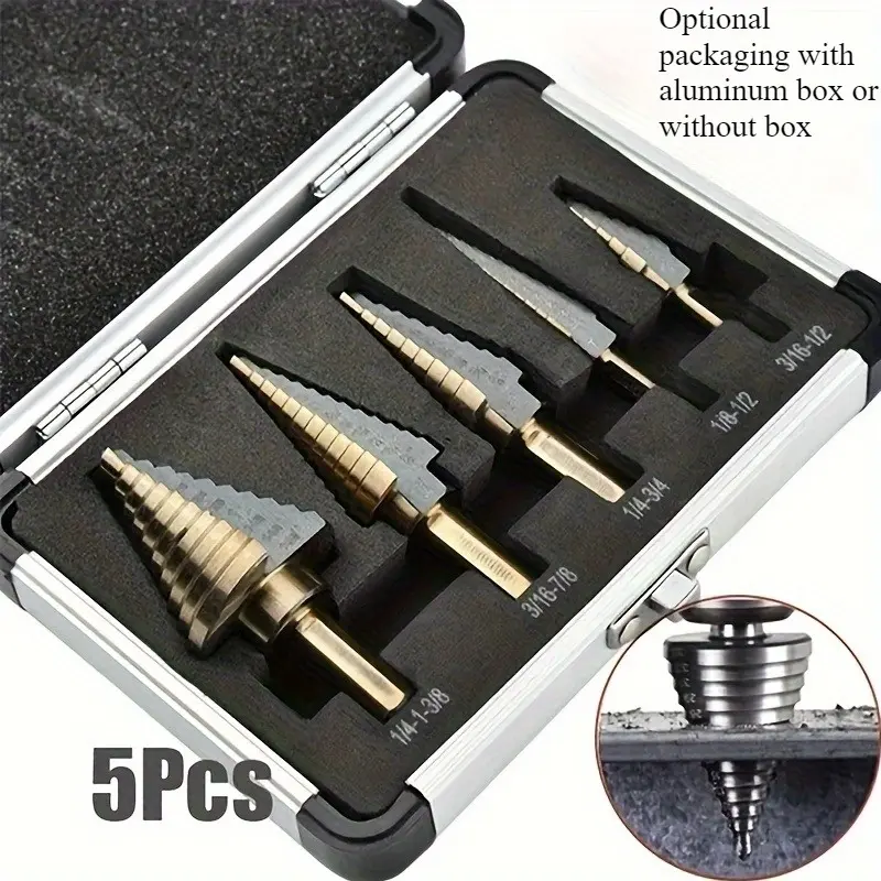 Five-piece stepped drill bit set, easy to use and durable, suitable for drilling holes in panels made of various materials. Five different sizes of pagoda-shaped stepped drill bits allow for easy creation of holes of desired dimensions.