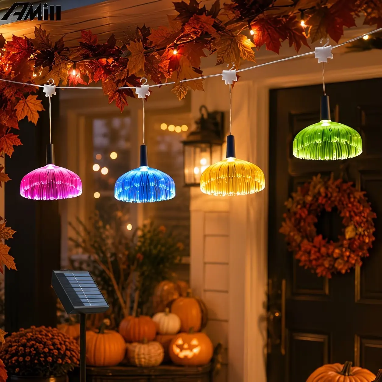 Solar Powered 4 Jellyfish Fiber Optic Pendant Lights, RGB Garden Light String, Rainbow Gradient, Intelligent Light Control, with Hooks, Landscape Lighting, Suitable for Porch, Balcony, Backyard, Halloween, Wedding, Christmas, Party Decor, Gift