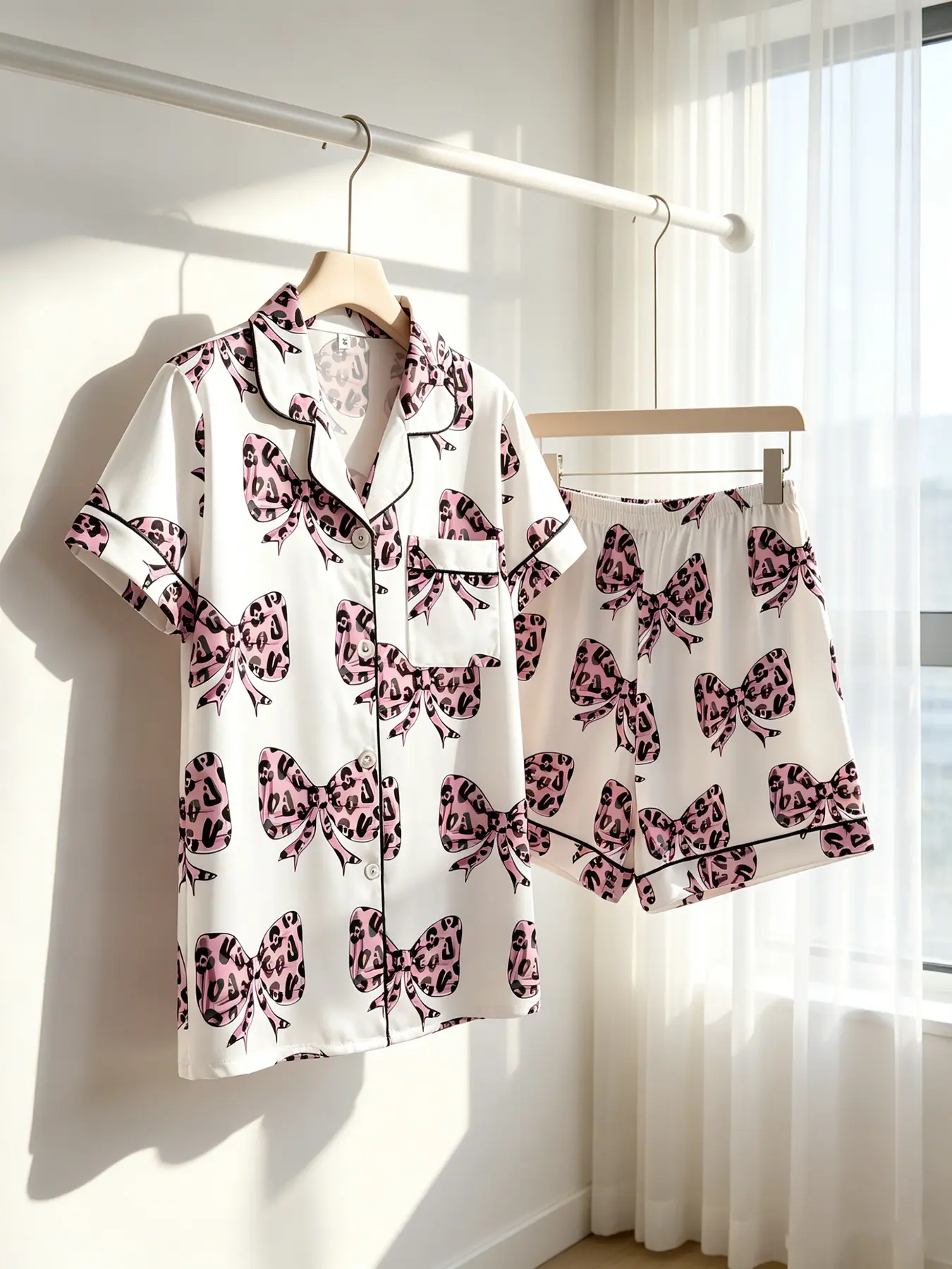 Women's Button-Down Short Sleeve Top & Shorts Pajama Set, Chic All Over Leopard Bow Print, White Base, Black Piping, Front Pocket, Spring Summer Wear, Comfortable Cozy Aesthetic Loungewear, Pyjamas