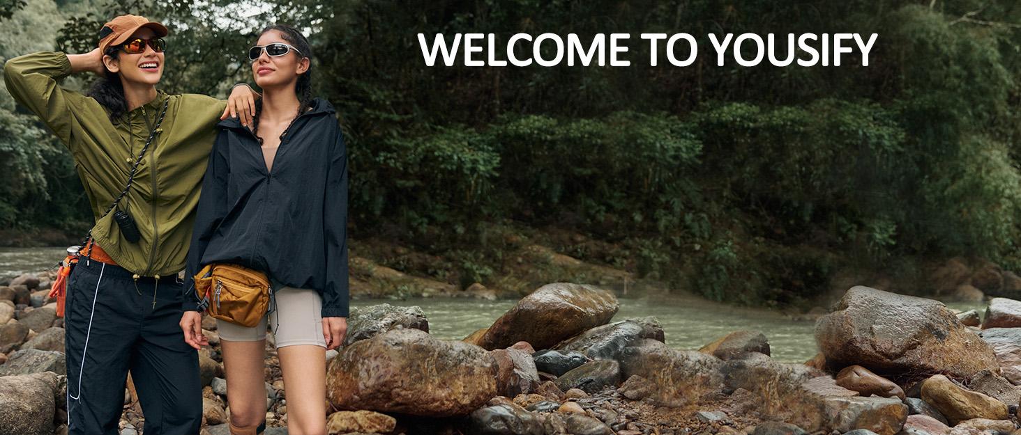 Yousify Womens Waterproof Rain Jackets Lightweight Zip Up Raincoat Outdoor Hiking Hooded Windbreaker with Pocket