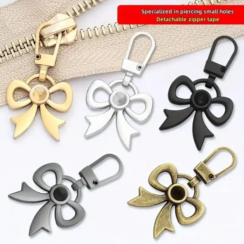 5PCS Detachable Bow Zipper Pulls, Metal Replacement Zipper Sliders for Jackets, Bags, Backpacks & Clothing Repair, Cute Bow Design Zipper Extension Accessories, Easy Install Fashion DIY Hardware for Everyday Use