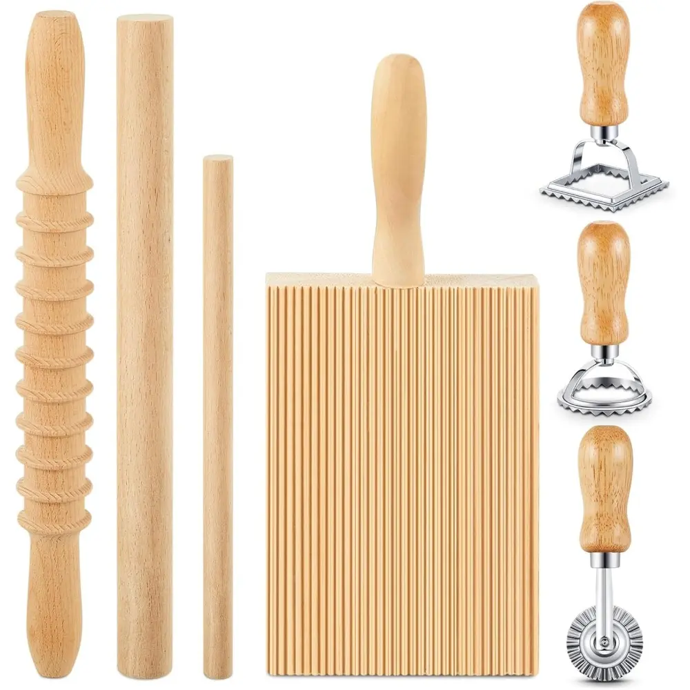 Ultimate Must-Have Gift for Every Pasta Lover! 7 Pcs Handmade Pasta Making Tool Kit, Equipped with Wooden Gnocchi Board and Ravioli Molds, Multi-Functional Dough Rolling & Shaping Kitchen Gadget