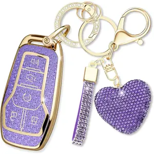 Key Fob Cover with Heart Keychain, Girly Car Key Shell Case for Women, Compatible with Ford Fusion Mustang F150 Edge Explorer Lincoln MKZ MKC MKX Smart Remote Key Protector (5 Buttons-Purple)