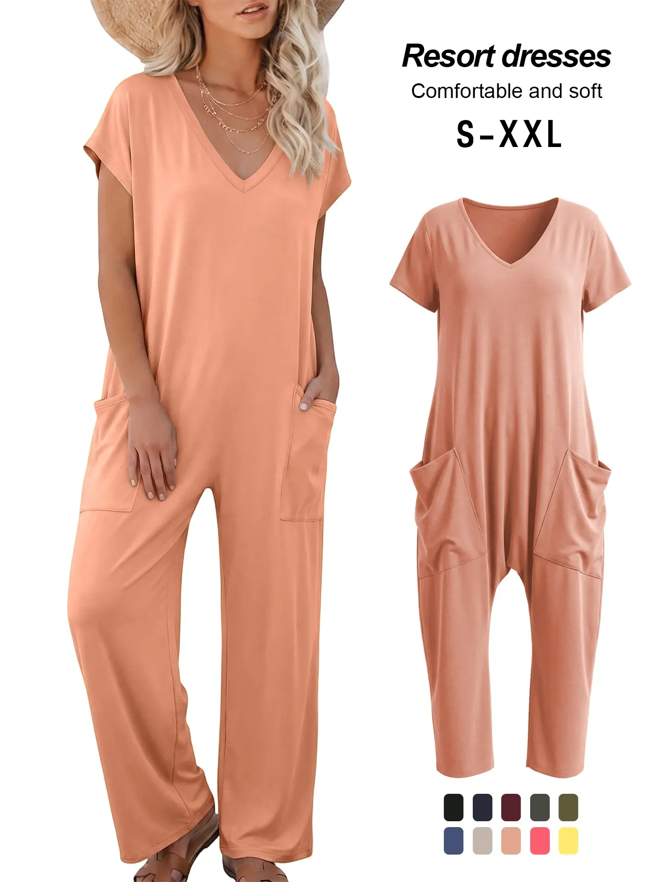 Deep-V Short-Sleeve Drop-Crotch Jumpsuit with Pockets, Casual Loose-Fitting One-Piece, Solid Color Basic Staple for All Seasons