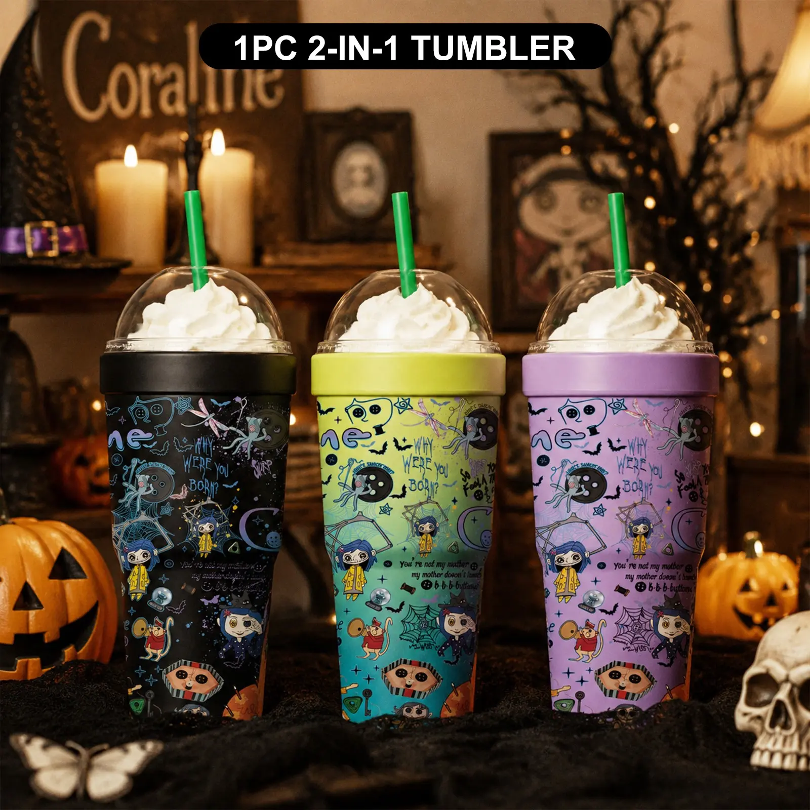 1PC 32oz Gothic Button-Eye Cartoon Print 2-in-1 Insulated Tumbler & Iced Coffee Cup Sleeve, Leak-Proof Double Wall Vacuum Stainless Steel Travel Mug, Cold 12+H & Hot 6+H, Fits 16–24oz To-Go Cups, Halloween Gift for Friends & Family