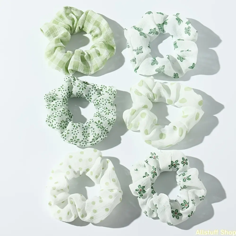 6pcs Green Floral Polka Dot Scrunchies Hair Ties - Vintage Style Elastic Hair Bands with Soft Fabric, Cute & Elegant Hair Accessories for Women, Stylish Updos for Everyday & Formal Occasions, Cute Hair Accessories, Formal Hair Ties, Vintageinspired Design