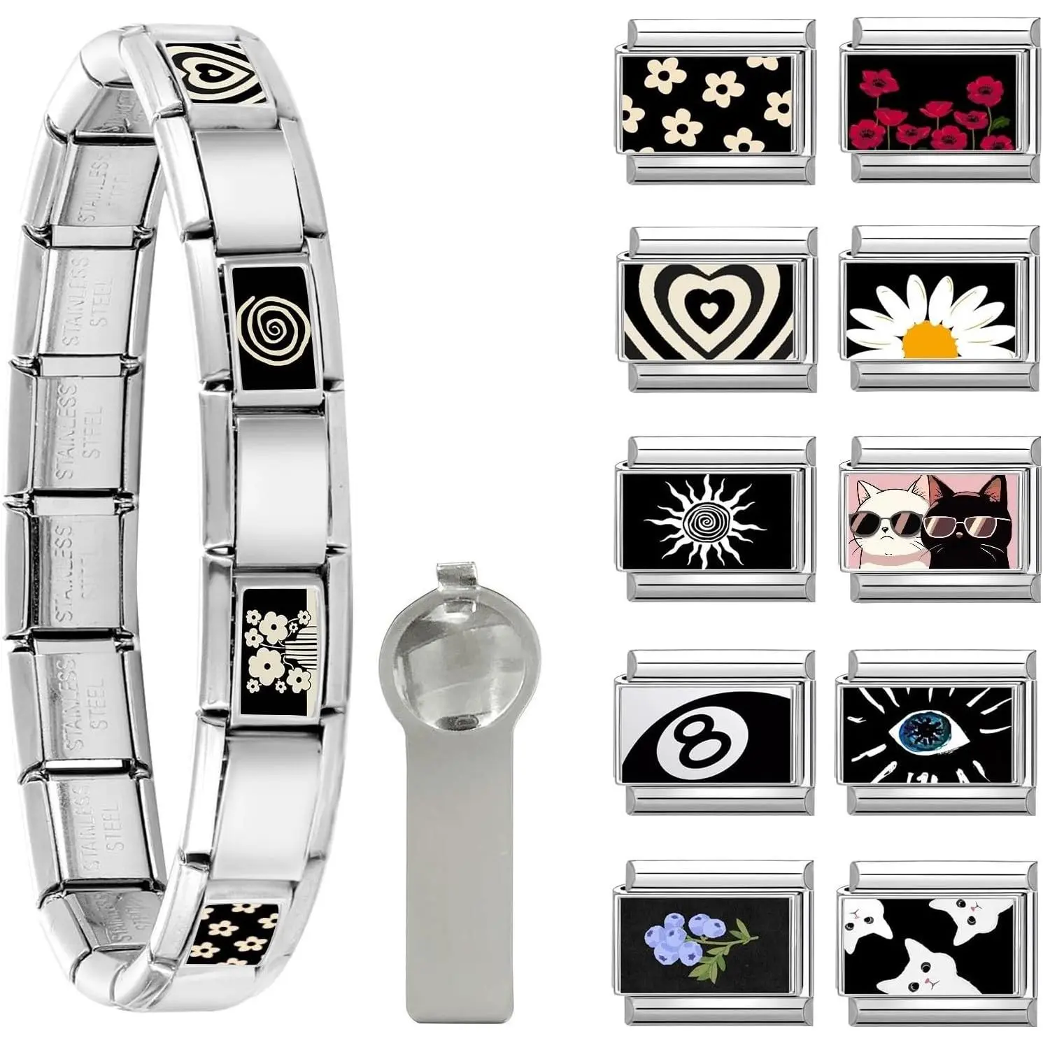 DIY Assembly Titanium Steel Italian Bracelet Set, 9mm Modular Links, Starter Bracelet, Black Charms, Easy Opening Tools