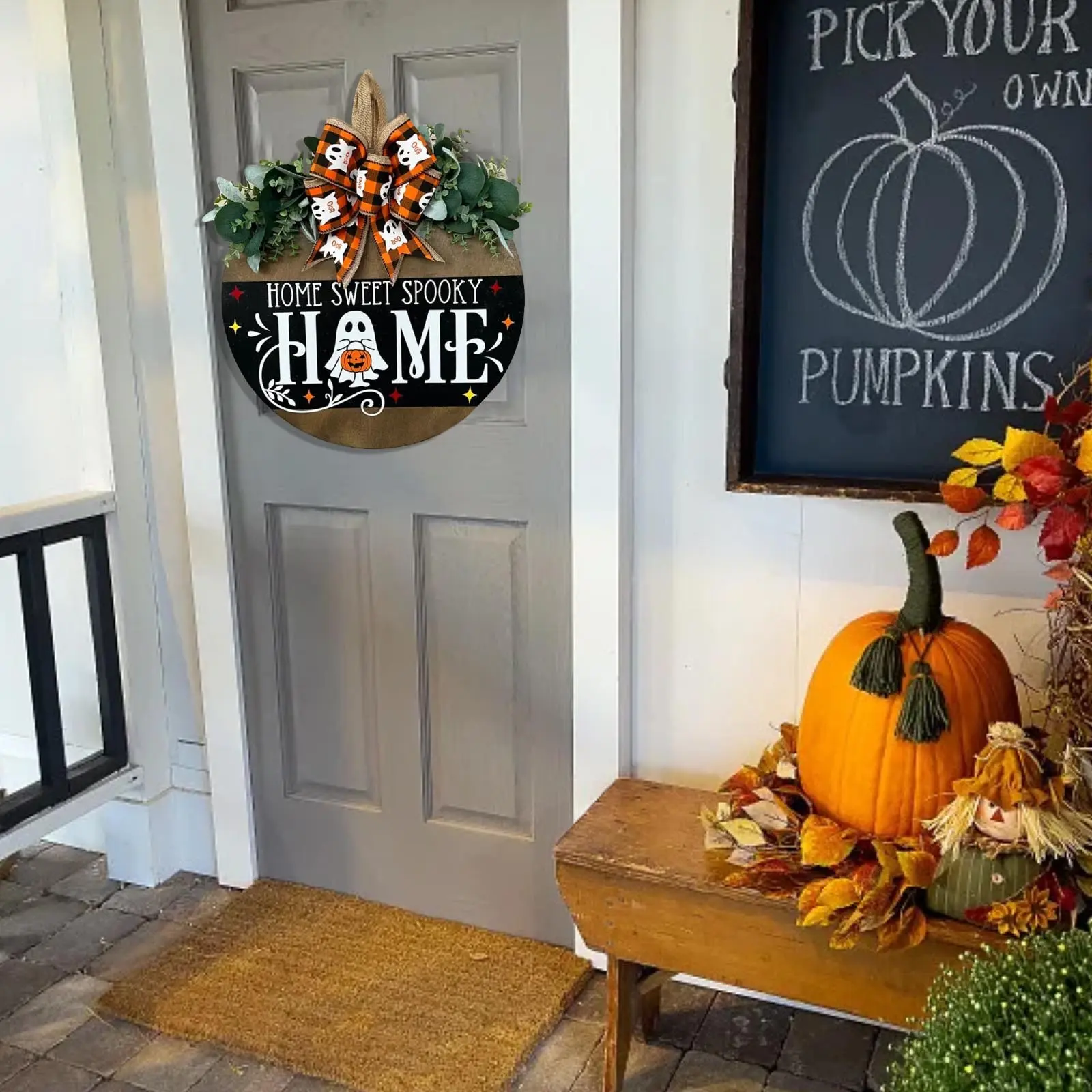 Halloween Door Hanger Sign Decorations, Festive Decoration, Cute Ghost Welcome Wood Wreaths Decor for Front Door Farmhouse Porch Wall Decor Outdoor (Halloween Ghost)