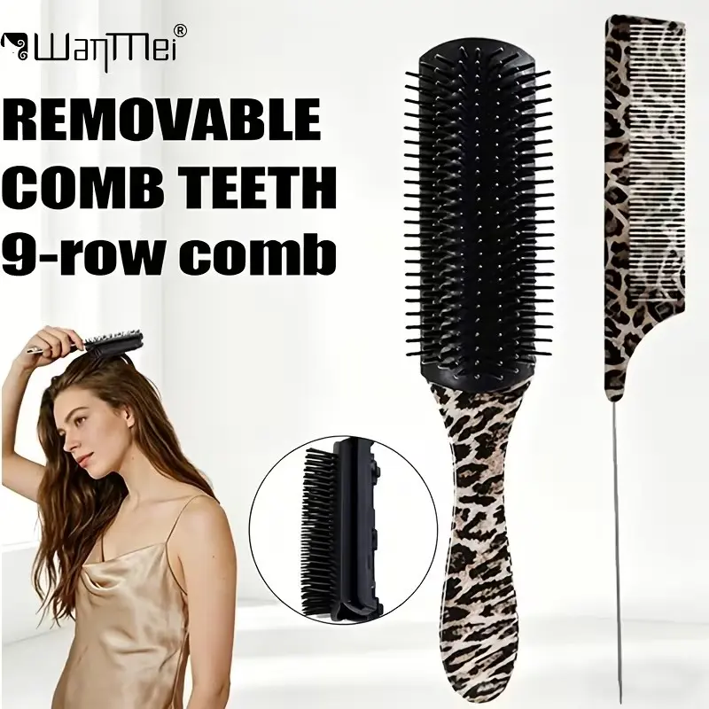 WANMEI Curling Styling Comb 2pcs Set, Ergonomic Design Anti-Slip Handle Detangling Comb + Leopard Print Pattern Pointed Tail Comb, Straightening Comb for Smooth Hair in One Comb, Hair Salon Straightening Comb, Suitable for Thick, Curly, and Wet Hair