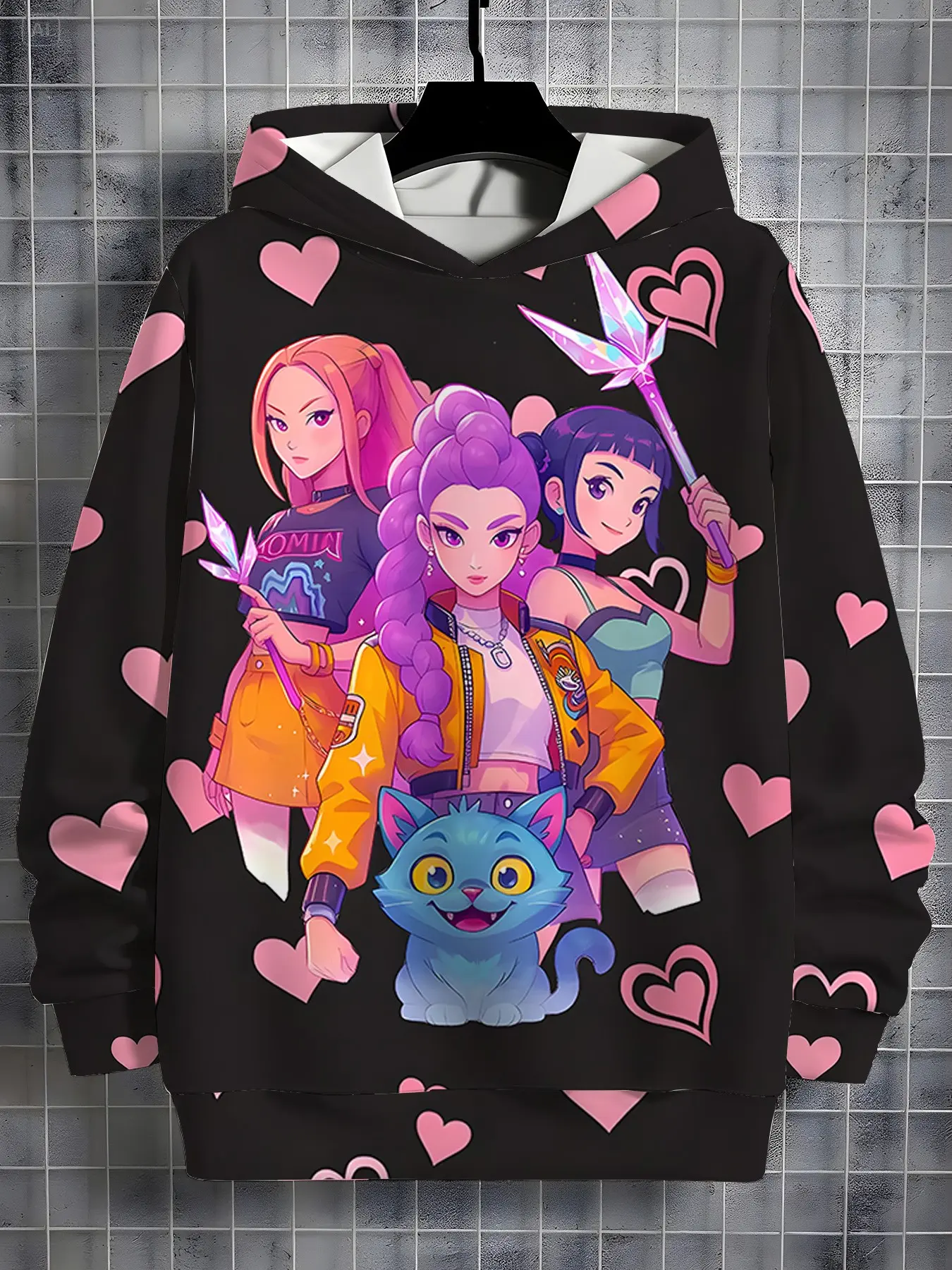 Girls' Heart Anime Hoodie, Casual Fitted Sweatshirt, Spring & Fall Fashion, Cartoon Print, Perfect for School & Daily Wear
