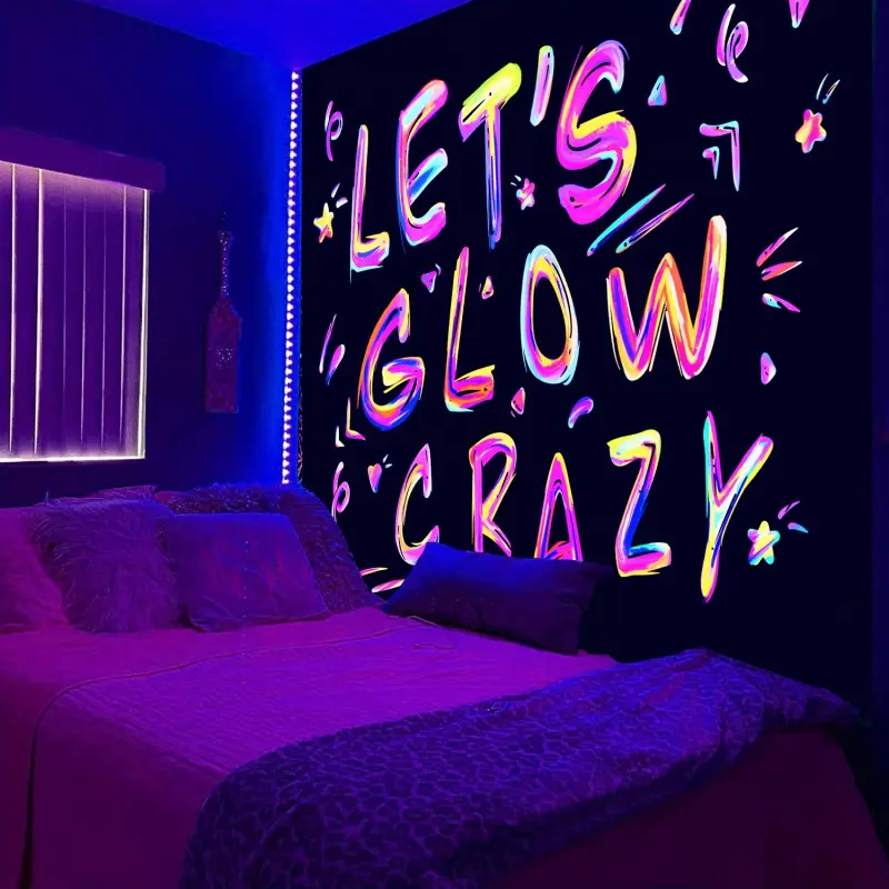 Let's Glow Crazy 1-Piece Extra-Large Glow-in-Dark Polyester Canvas Art - UV Blacklight Neon Luminous Spooky Skeleton Wall Hanging Banner, Custom Print Home Decor Gift for Bedroom Dorm