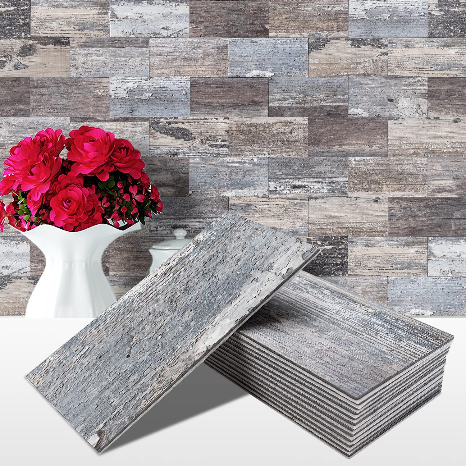 100Pcs Peel and Stick Backsplash, 3" x 6" PVC Aluminium Wall Tile, Wood Stick on Backsplash for Kitchen/Bathroom Decor , Decorative Tiling Adhesive Decals Ornaments