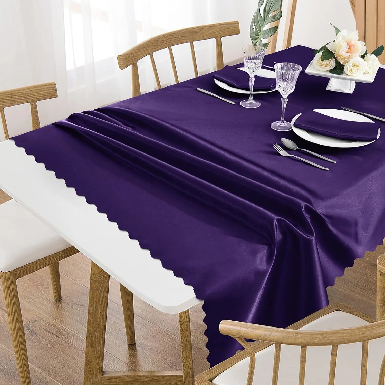 Satin Tablecloth 58 x 102 Inch Scalloped, 1 Pack | Wrinkle-Resistant Satin, Silky ,  and Machine Washable, Ideal for Weddings & Parties