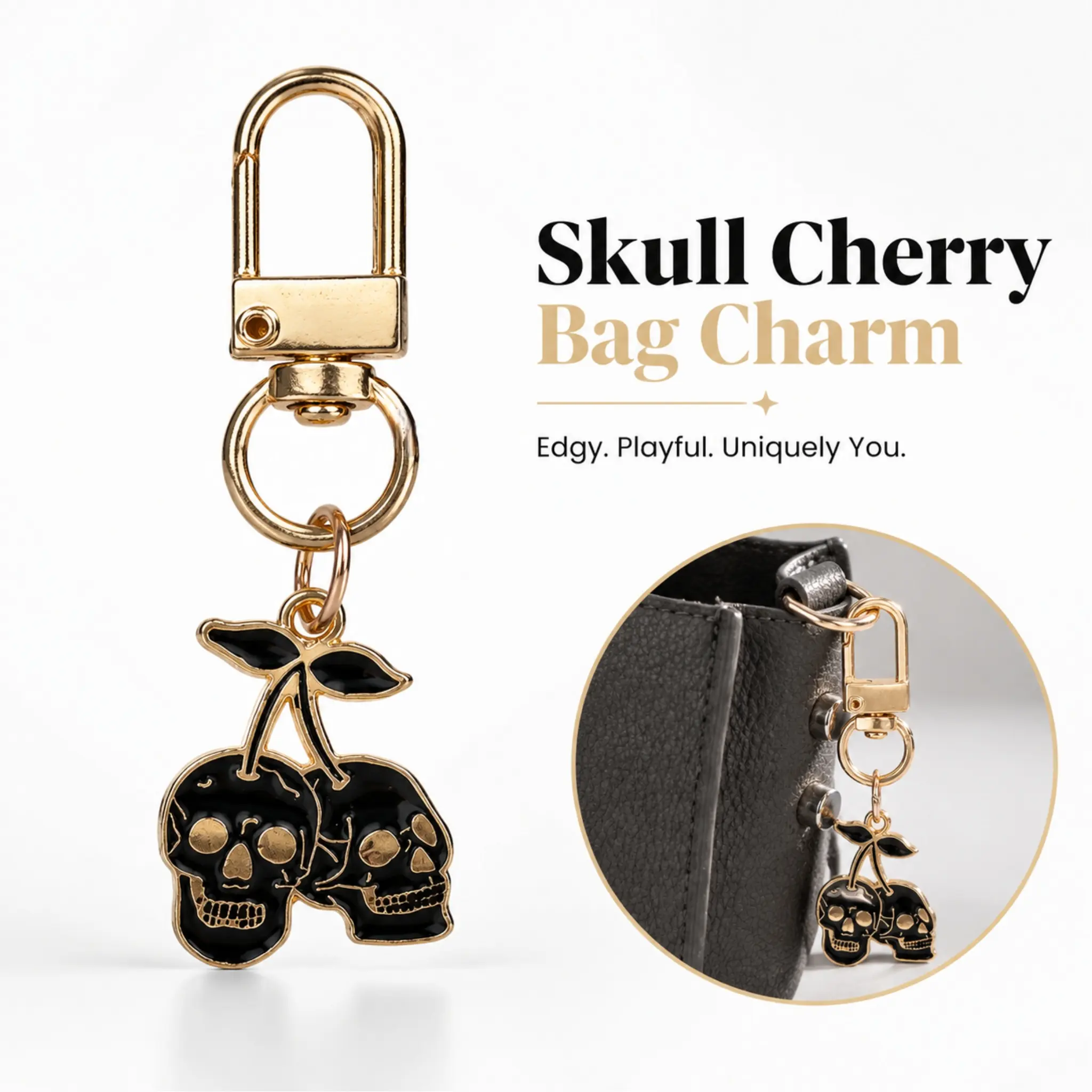 1pcs Gothic Cherry Skull Keychain – Golden-Tone Zinc Alloy Pendant with Black Enamel Skulls & Cherry Design, Men’s Car Key Accessory, Backpack Charm, Key Charms, Gift for Halloween or Birthdays, Bag Accessory-YY0