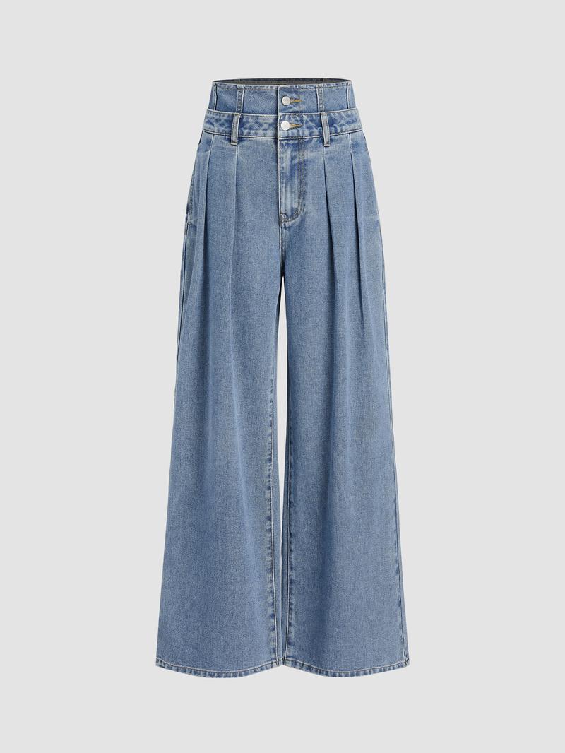 Cider Double Waist Solid Button Wide Leg Jeans