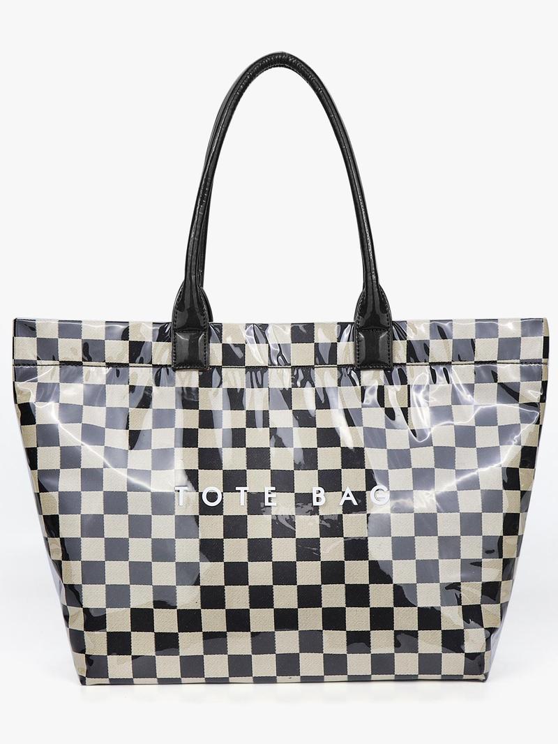 Checkerboard Pattern Stylish Tote Bag, Casual Versatile Handheld Bag, Minimalist Transparent Commute Large Capacity Bag for Women