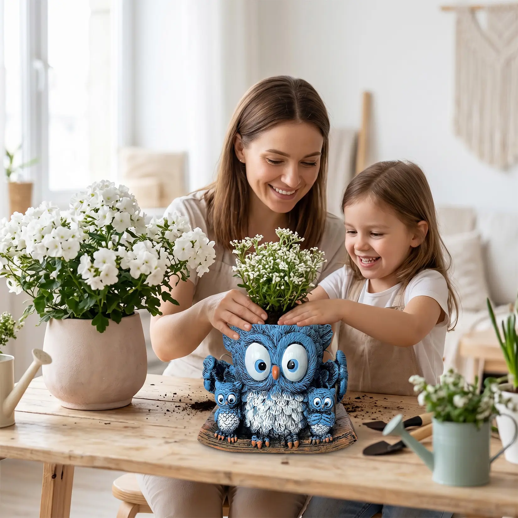 Garvee No-Drill Window Hanging Planter - Cute Owl Resin Swing Planter Pot, 5.9 x 4.53 x 3.94 in - Natural Rope Hanger - Indoor/Outdoor Patio Garden Decor