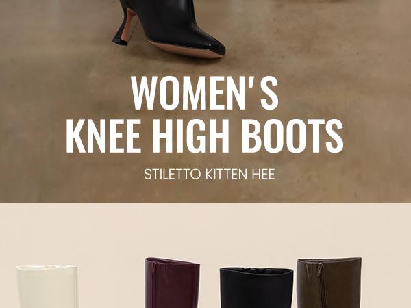 Athlefit Women's Kitten Heel Knee High Boots Square Toe High Heel Sexy Tall Boots with Side Zipper