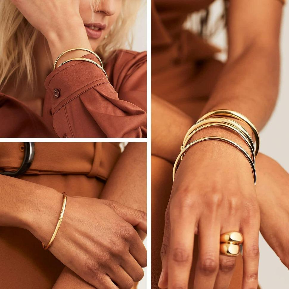 FINREZIO 3PCS Stainless Steel 3mm Bangles for Women Bangle Set Stackable Glossy Thin Round Bangle Bracelet Daily Layered bracelet charm bracelet charm bracelets