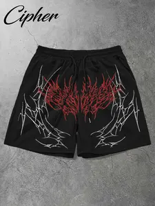 Men's Gothic Street Style Shorts, Thorn Spider Print, Tribal & Web Pattern, Loose Fit, Drawstring, Summer Fashion, Menswear