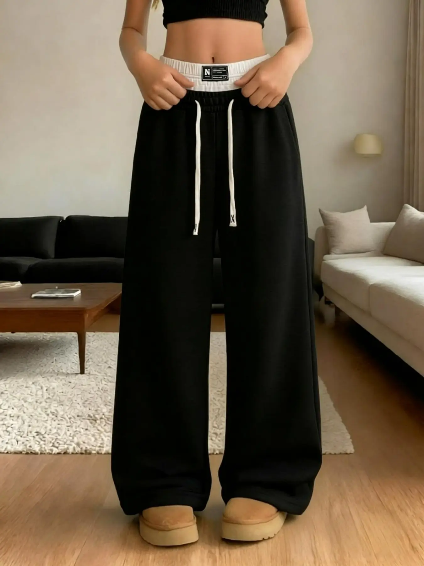 Women's Wide Leg Sweatpants, Double Layer Waistband Drawstring, Loose Fit Baggy Casual Street Style, Pockets, Daily Wear