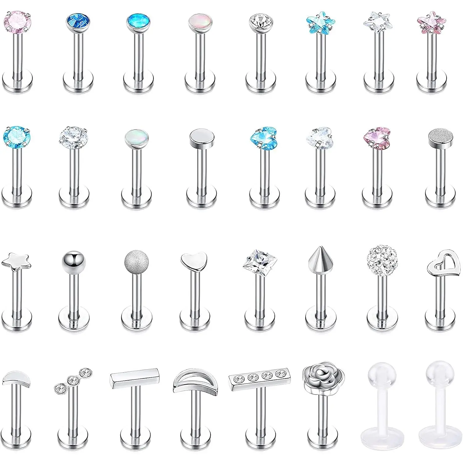 32Pcs Tragus Earring Studs Stainless Steel & Clear Labret Studs Monroe Lip Rings Helix Cartilage Lip Piercing Jewelry for Women Men 16G