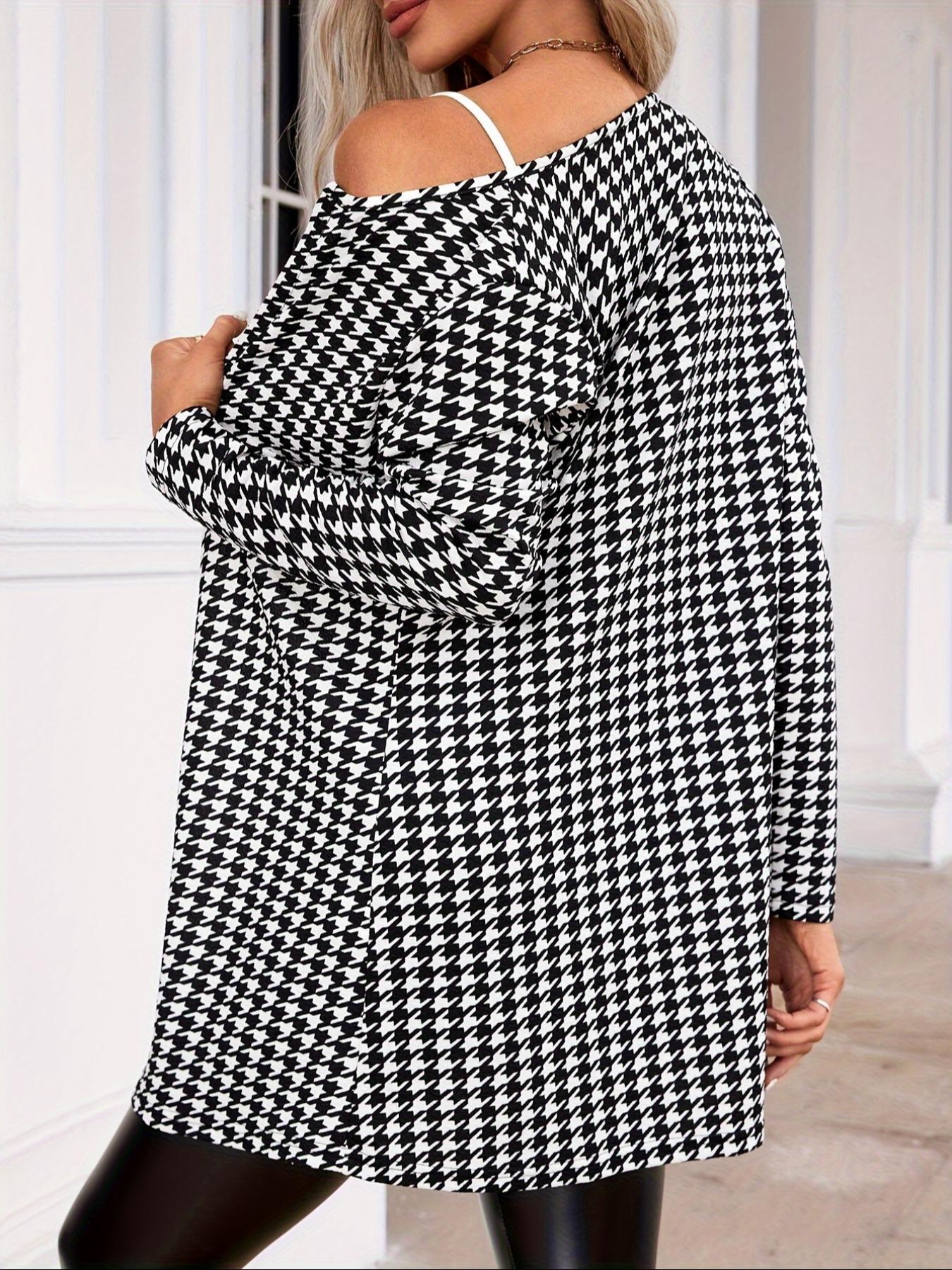 Women's Houndstooth Print Long Sleeve Open Front Jacket, Casual Elegant Outerwear for Spring & Fall, Ladies Clothes for Daily Wear, Womenswear