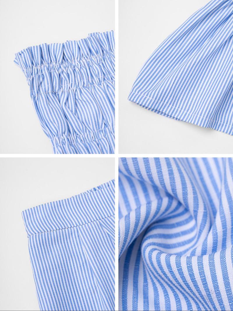 Two-piece Set Women's Striped Print Tube Top & Shorts Set, Casual Strapless Top & Shorts for Daily Wear, Ladies Clothes for Summer