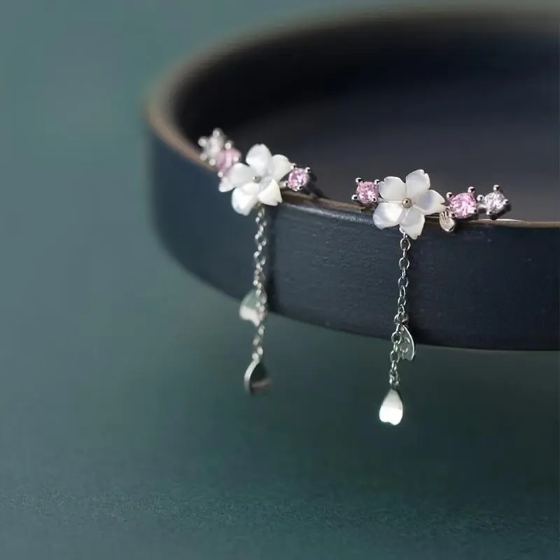 Hypoallergenic Cherry Blossom Tassel Earrings Set for Female - 1 Pair, S925 Fine Silver Flower Hooks, Cute Elegant Japanese-Korean Style, 1 Size Dangle Flowers Jewelry for Daily-Wedding Occasions, Hypoallergenic Earrings Set, One Size