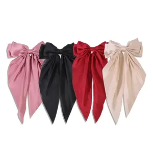Hair Bows Clips,Big Hair Bow Clips Solid Color Long Silk Ribbon Bow Hair Clip Silk Ribbon for Women Girls (Z-4Pcs-Champagne+Black+Pink+Red)