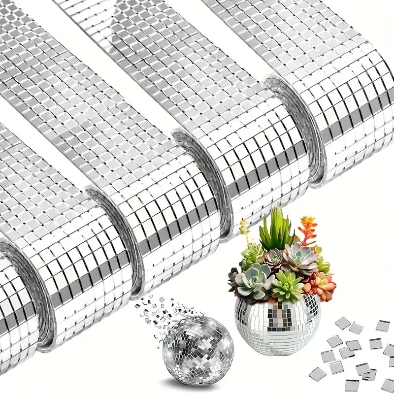 4200 Pieces Disco Ball Mirror Glass Kit, Self-Adhesive Mosaic Tiles, DIY Party Decor, 4x4mm Squares, 7 Rolls Total, 600 Pieces Per Roll