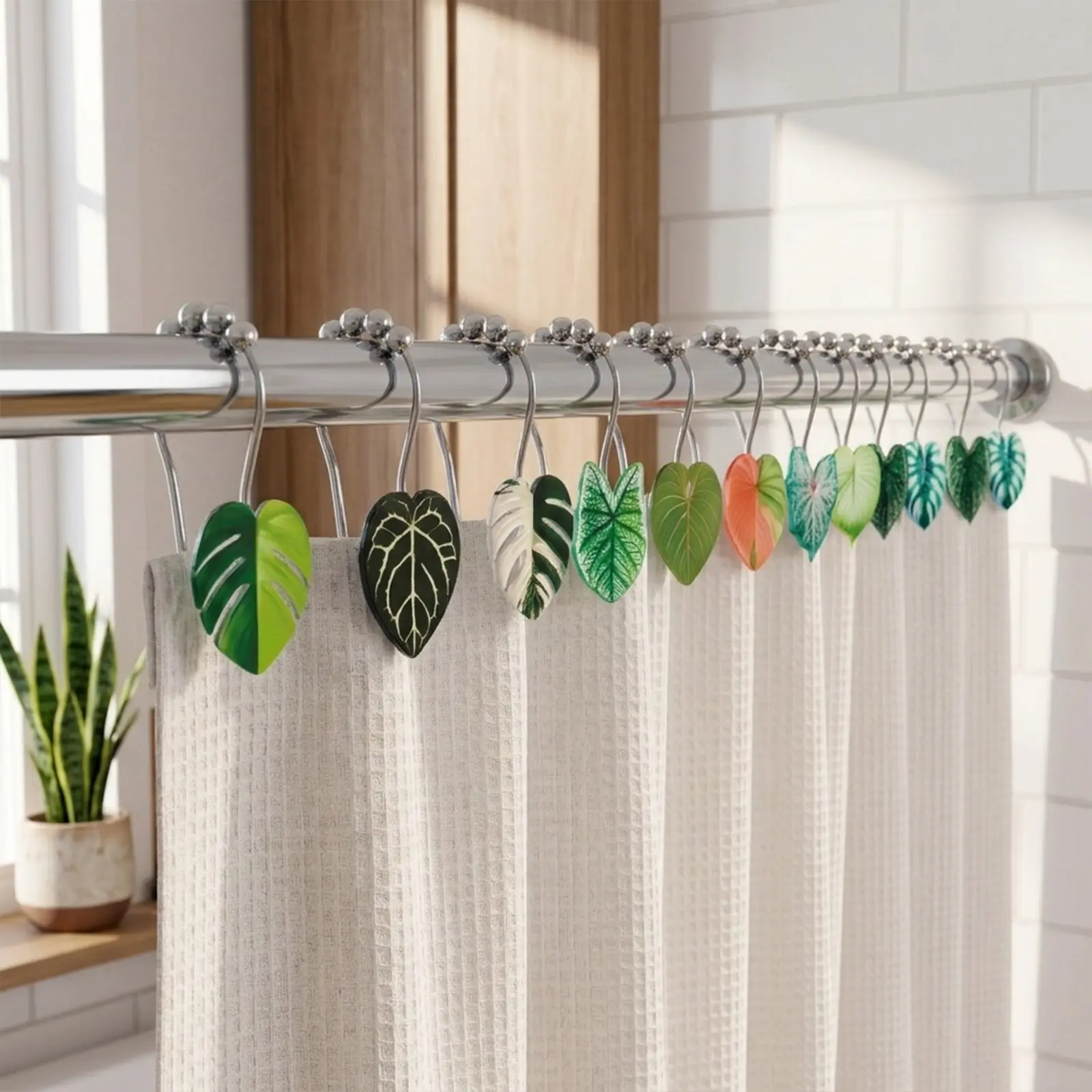 12-Piece Ball Bearing Leaf Shower Curtain Hooks, Durable Acrylic Leaves, Stainless Steel Rust-Resistant Hooks, Modern Bathroom Decor